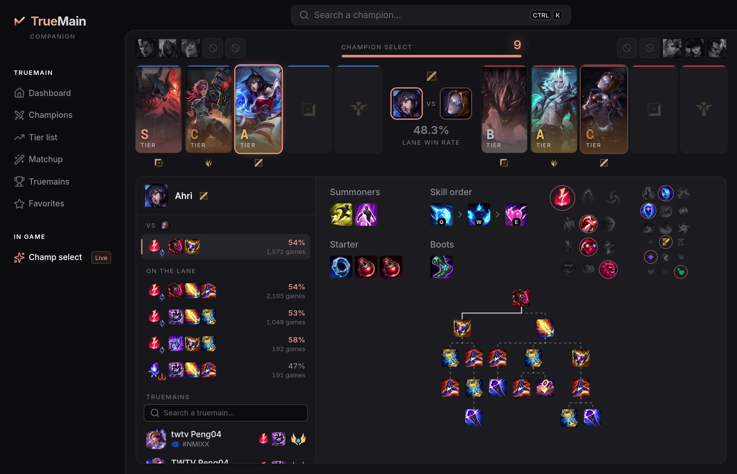The TrueMain app during champion select: both teams with their tiers, the lane duel, and the build for Ahri against the draft.